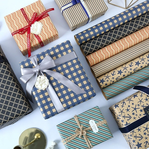 Double Sided Kraft Gift Wrapping Paper Geometric Stripes Nautical Starfish Pattern For Birthday Holiday Gift Wrap DIY