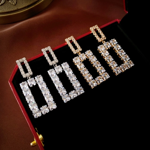 Hollow Geometric Square Drop Earrings With 925 Sterling Silver Earring Post Copper Cubic Zirconia Luxury Fashion Women