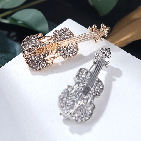 Elegant Violin Brooch Pin Alloy Full Rhinestone Musical Instrument Jewelry Fashion Accessory For Suits Dresses Music