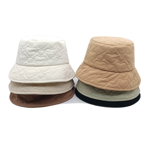 Women Corduroy Bucket Hat Heart Quilted Pattern Warm Winter Fisherman Hat Versatile Casual Headwear
