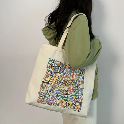 Borsa Tote In Tela Da Donna Grande Capacità Borsa A Spalla Ricamo Colorato Chiusura Con Cerniera Stile Graffiti Retrò