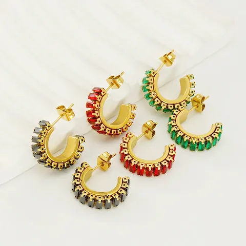 Stainless Steel 18K Gold Plated C-Shaped Hoop Earrings Baguette Cubic Zirconia Inlaid Trendy Fashion Jewelry Women