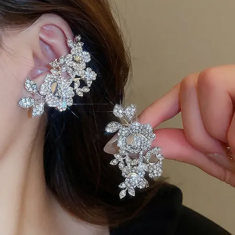 Floral Leaf Ear Cuff Alloy Rhinestone Non Pierced Wrap Around Ear Bone Clip Elegant Jewelry For Women