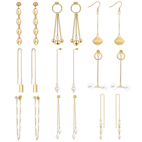 Stainless Steel Tassel Earring Artificial Pearl Drop Long Chain Threader Minimalist Jewelry For Women Fashion Geometric