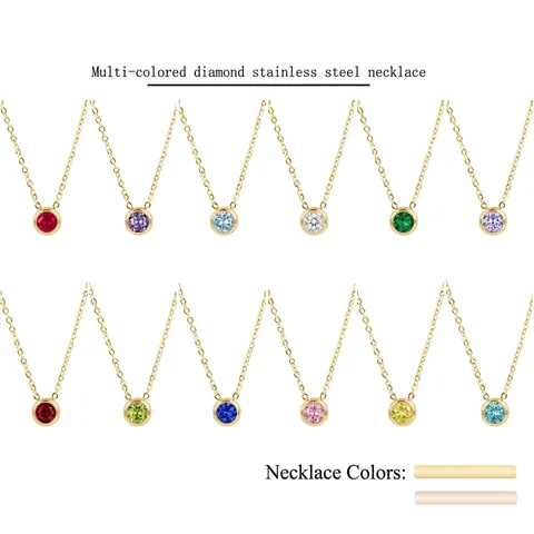 Stainless Steel Necklace Round Birthstone Zircon Pendant Bezel Set Minimalist Fashion Jewelry For Women Elegant Neckpiece