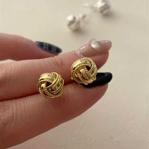 Orecchini a Bottone con Nodo in Argento Sterling S925 per Donna Minimalisti Vintage Trama Intrecciata Geometrici Piccoli Gioielli