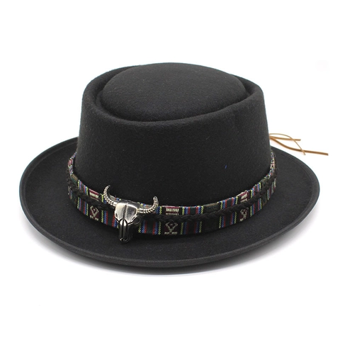 Vintage Western Cowboy Pork Pie Hat Woolen Felt Wide Brim With Metal Bull Head Ethnic Woven Band For Men Women