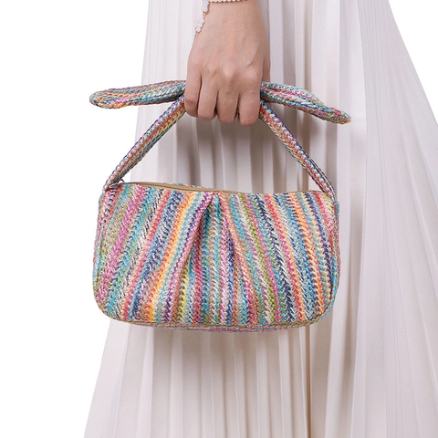 Sac À Main En Paille Tissée De Plage D'été Pour Femmes Poignée À Nœud Chic Pochette Plissée Style Vacances Fermeture Éclair