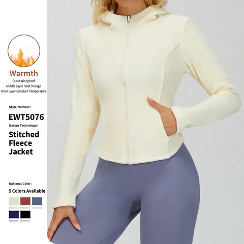 Women Hooded Jacket Polar Fleece Full Zip Slim Fit Pocket Outdoor Sports Thermal Casual Solid Color