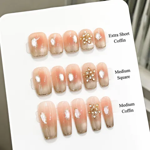 Uñas Postizas a Presión Hechas a Mano Champán Ojo de Gato Degradado Francés Rosa Nude Flor 3D Strass Lujo Elegante para Mujer