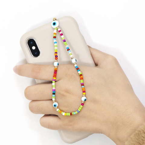 Ciondolo Per Cellulare Fatto A Mano Occhio Di Allah Perline In Resina Colorate Cordino Bohemien