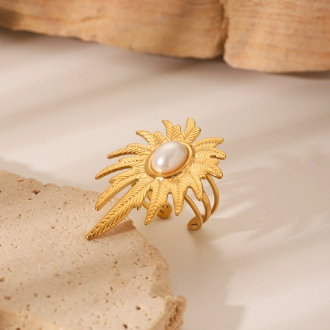 Verstelbare Open Ring Roestvrij Staal Kunstparel Blad Textuur Overdreven Vintage Zonne-Sieraden Voor Vrouwen