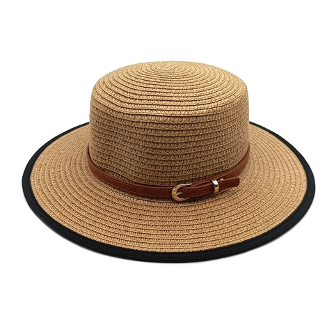 Cappello Di Paglia Boater Corona Piatta Protezione Solare Spiaggia Vacanze Estive Moda Donna Con Cintura Pelle Fibbia Metallo