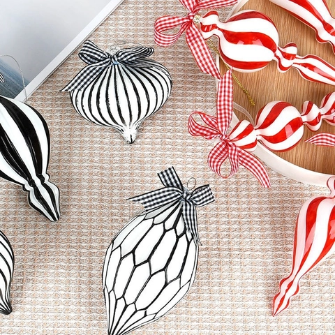 Christmas Tree Ornaments Hanging Glass Balls Painted Striped Geometric Shapes With Checkered Bow For Holiday Party