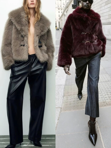 Women Faux Fur Jacket Oversized Lapel Leather Buckle Winter Warm Coat Short Outwear