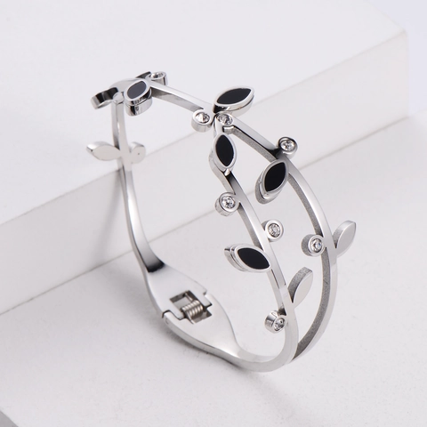 Armring In Koreaanse Stijl Onregelmatige Tak Blad Strass Emaille Titaniumstaal Verguld Armband Dames Mode Sieraden