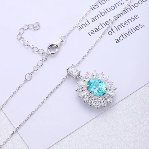 925 Sterling Silber Paraiba Blauer Edelstein Halskette Ohrringe Ring Set Sonnenblume Strass Luxuriöser Damenschmuck