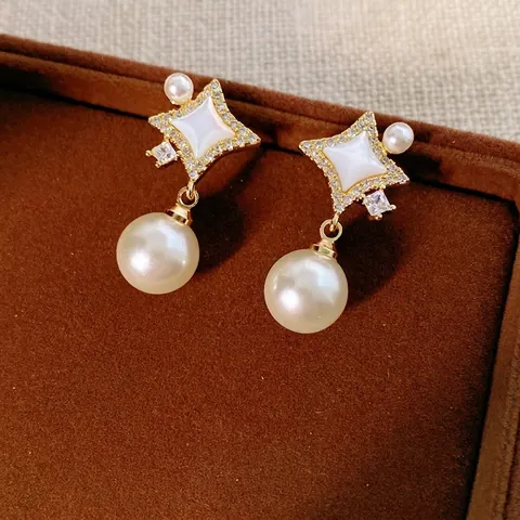 Pendientes Colgantes Estrella De Nácar Con Circonitas Y Poste De Plata Joyas Elegantes Estilo Francés Para Mujer