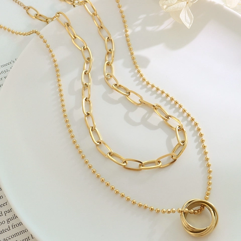Layered Necklace Stainless Steel 18K Gold Plated Interlocking Triple Rings Paperclip Chain Minimalist Luxury For Women