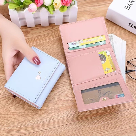 Women Small Wallet Tri-fold Heart Buckle PU Leather Multi Card Slots Coin Purse Compact Fashion