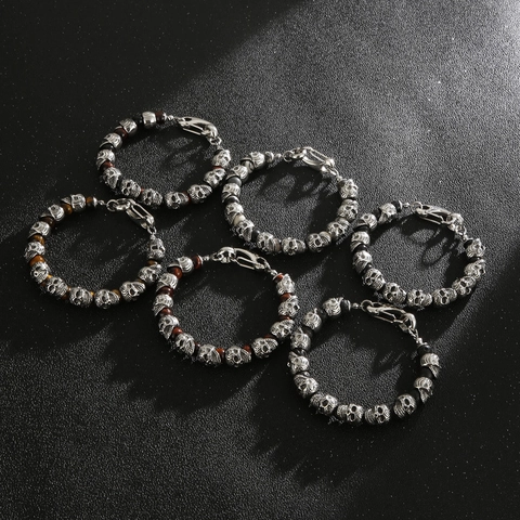 Bracciale Perline Teschio Acciaio Inossidabile Pietra Naturale Occhio Di Tigre Pietra Lavica Gotico Punk Vintage Uomo
