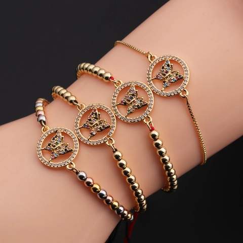 Butterfly Pendant Bracelet Copper Multicolored Zircon Adjustable Charm Beaded Chain Jewelry For Women