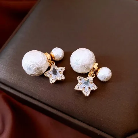 18K Gold Plated Star Artificial Pearl Earrings Star Cut Zircon Double Sided Cotton Artificial Pearl Chic Jewelry With Silver Earring Post For Women