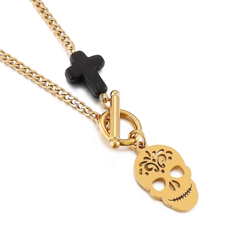Pendant Necklace Stainless Steel Hollow Skull Black Turquoise Cross OT Buckle Punk Gothic Jewelry For Men Women