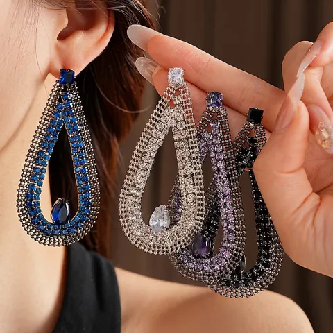 Grandi Orecchini A Goccia Rame Strass Zircone Moda Retrò Banchetto Gioielli Donne Con Perno In Argento