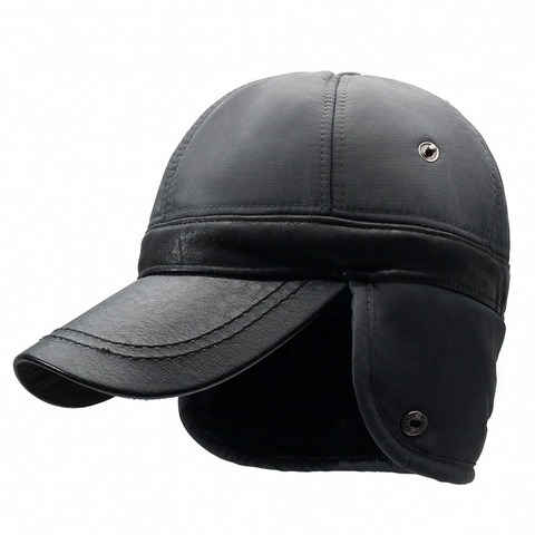 Winter Ear Flap Baseball Cap Faux Leather Polyester Windproof Warm Fleece Lined Outdoor Men Casual
