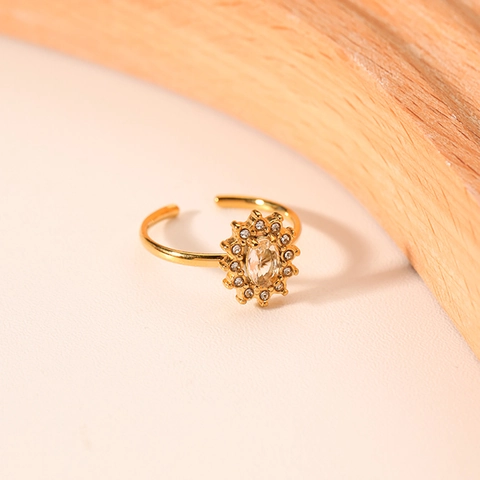 Zonnebloem Open Ring Verguld Roestvrij Staal Ovalen Zirkonia Verstelbaar Dames Sieraden