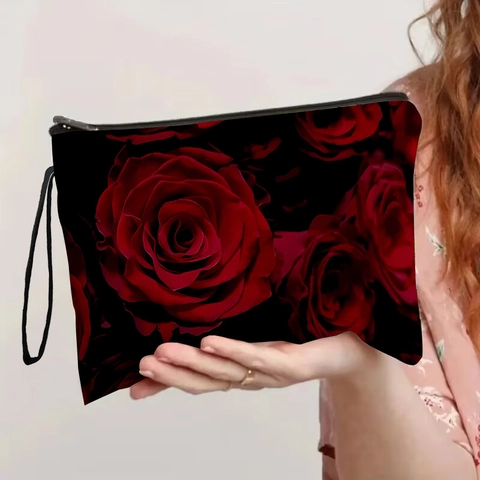 Zwarte Roos Bloemenprint Make-up Tas Linnen Stof Draagbare Rits Cosmetische Tas Beauty Organizer Handtas