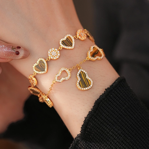 Elegant 18K Gold Plated Copper Bracelet With Heart Gourd Tiger Eye Stone And Zircon Adjustable Slider Clasp For Women