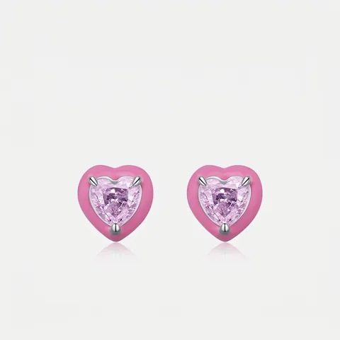 Herz Ohrstecker 925 Sterlingsilber Rosa Emaille Herz Zirkon Süßer Eleganter Schmuck Für Damen
