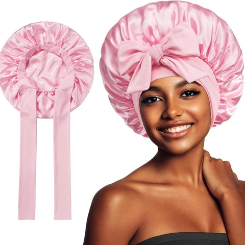 Women Satin Bonnet Sleep Cap With Bow Large Capacity Hair Care Night Cap Polyester Satin Headscarf For Women
