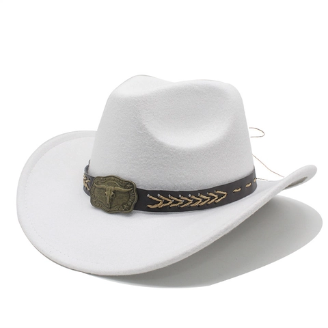 Chapeau De Cow-Boy Western Vintage Feutre De Laine Bord Large Avec Boucle Métal Tête De Taureau Bande Cuir Hommes Femmes