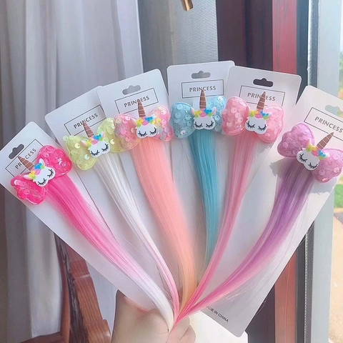 Eenhoorn Kinderen Haarclip Met Gekleurde Synthetische Haar Extensions Glitter Strik Prinses Haaraccessoires