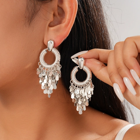 Boho Tassel Earrings Round Textured Circle Water Drop Metal Sequins For Women With 925 Sterling Silver Earring Post