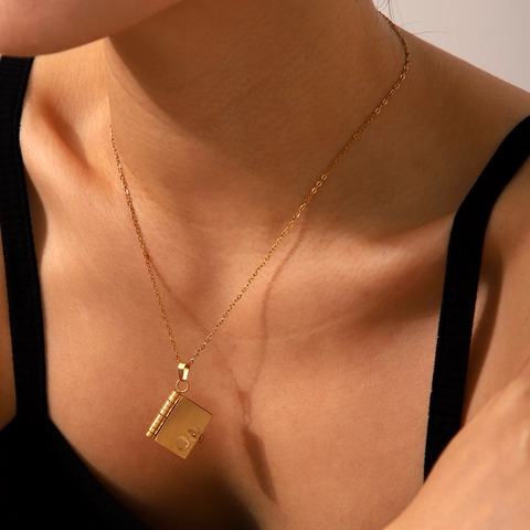 Stainless Steel Book Pendant Necklace Heart Shape Locket Clavicle Chain Fashion Jewelry For Women Trendy Gift
