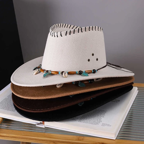 Western Cowboy Hat Faux Suede With Beaded Shell Leaf Decor Bohemian Retro Style For Men Women Outdoor