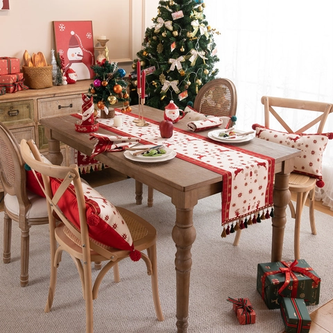 Camino De Mesa Navideño Decoración Festiva Jacquard Poliéster Patrón Reno Copo De Nieve Con Borlas Ornamento Hogar Cocina