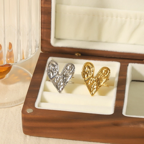 Edelstahl Herz Schmuck Halskette Und Verstellbarer Ring Gehämmert Lava Textur Französisch Vintage Stil Für Damen