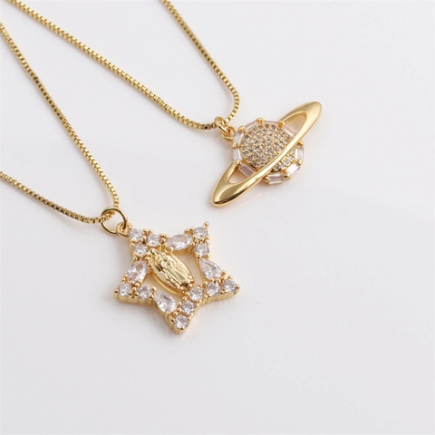 Zircon Pendant Necklace Gold Plated Copper Star Planet Virgin Mary Relief Box Chain Jewelry For Women