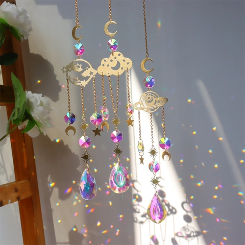 Attrape Soleil Cristal Prisme Décoration Fenêtre Métal Doré Lune Étoile Planète Arc-en-Ciel Décor de Jardin Style Boho