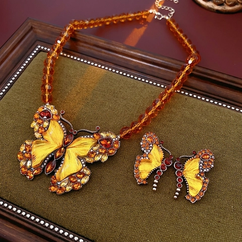 Vintage Schmetterling Schmuckset Emaille Strass Perlenkette Ohrringe Mit Silbernem Ohrstecker Französischer Stil Damen