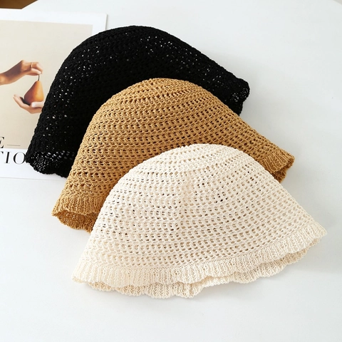 Cappello Bucket In Maglia Traforata Paglia Di Carta Traspirante Protezione Solare Estate Spiaggia Tesa Ondulata Donna