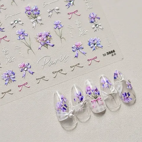 Purple Iris Flower Nail Art Stickers Relief Rhinestone Bowknot Self Adhesive Manicure Decals Decoration For Women Elegant