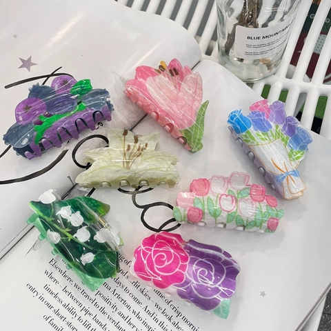 Acetate Acrylic Flower Hair Claw Clip Rose Lily Shape Elegant Floral Shark Hair Clip Nonslip Grip Headwear Accessory For Women