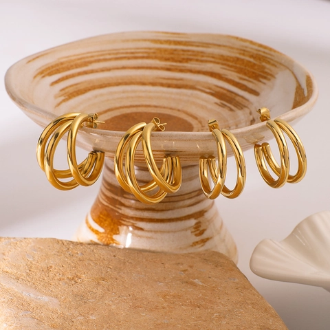C Shape Hoop Earrings 18K Gold Plated Stainless Steel Hollow Layered Chunky Geometric Jewelry For Women