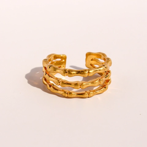 Bamboo Joint Multi Layer Open Adjustable Ring For Women Modern Gold Plated Brass Geometric Wave Versatile Jewelry